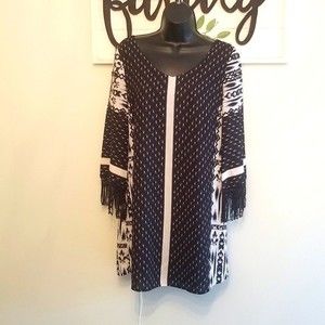 Gianni Bini Mini Dress Tunic Black and White Fringe Detail M Blue Detail